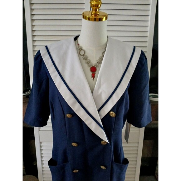 NWT Navy Sailor Dress Nautical Coastal Women's Size 12 Vintage Pockets Buttons - Picture 3 of 14